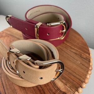 Vince Camuto Women's 2 Pack  of Belts 39" Tan and Burgundy Gold Tone Buckles